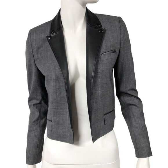 Womens The Kooples Grey Glen Check Cropped Leather Trim Blazer Jacket Size 34 XS - Picture 1 of 7